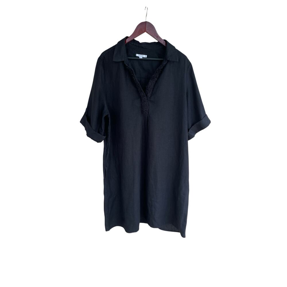 Chico’s Black Linen Tunic Dress Size 4 US 20 Frayed Ruffle Collar Relaxed